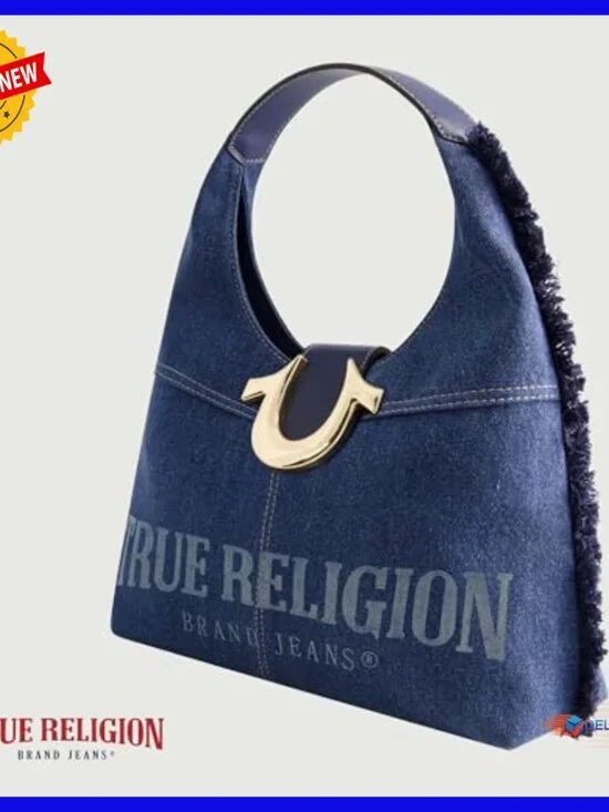 Medium Hobo Shoulder Bag, Frayed Denim with Horseshoe Logo, Lightweight Cotton - Picture 7 of 7